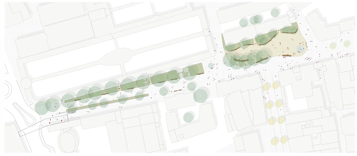 Long-term plan connecting the redesigned square, Romstraße, Forum entrance, and cemetery edge