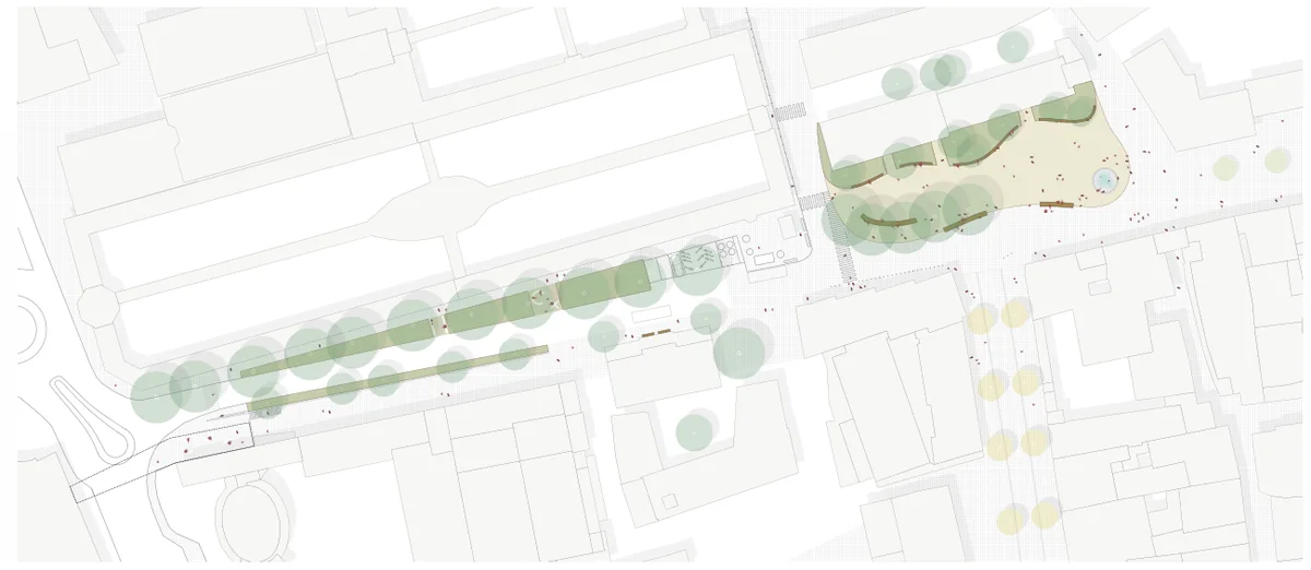 Plan for a redesigned and planted Hartmannplatz connected along Romstraße
