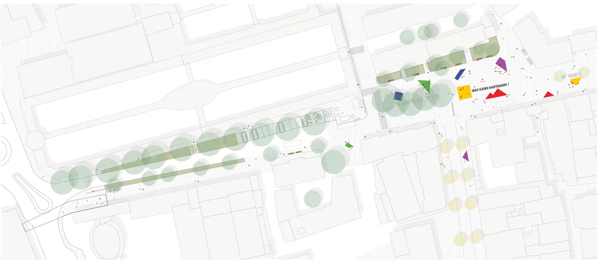 Plan showing temporary activity and participation concentrated around Hartmannplatz