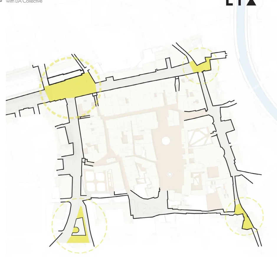 Spatial framework highlighting Hartmannplatz, Romstraße, and connected public-space nodes
