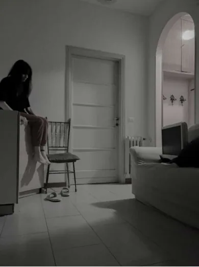 A shadowed figure standing beside a chair at the threshold between two domestic rooms