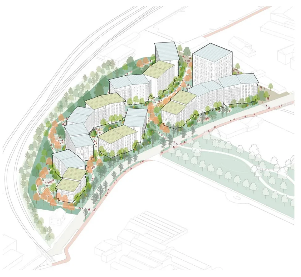 Axonometric view of the Rienz-Höfe buildings arranged around planted courtyards beside the river