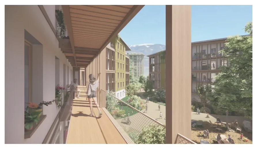 View from a timber balcony into a planted shared courtyard between Rienz-Höfe buildings