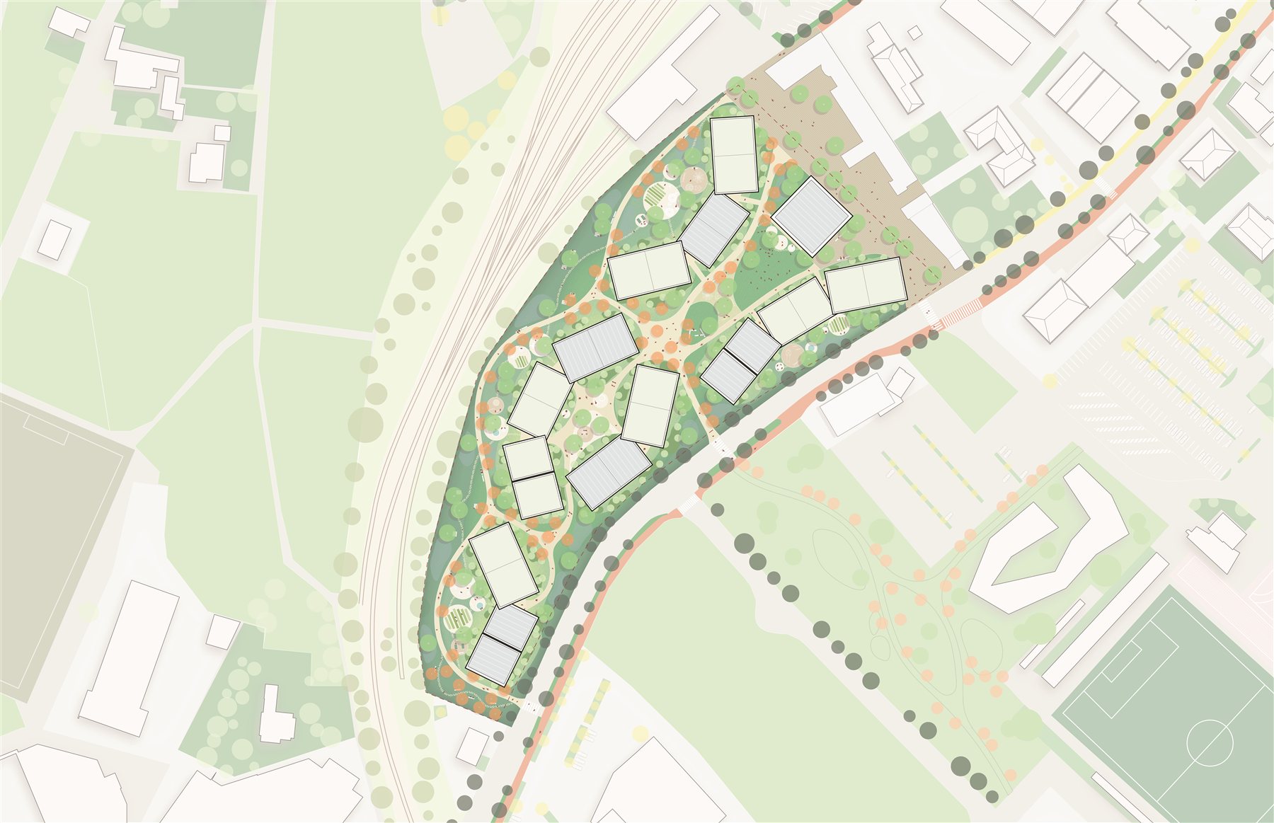 Master plan for Rienz-Höfe showing residential clusters within a planted river-edge landscape