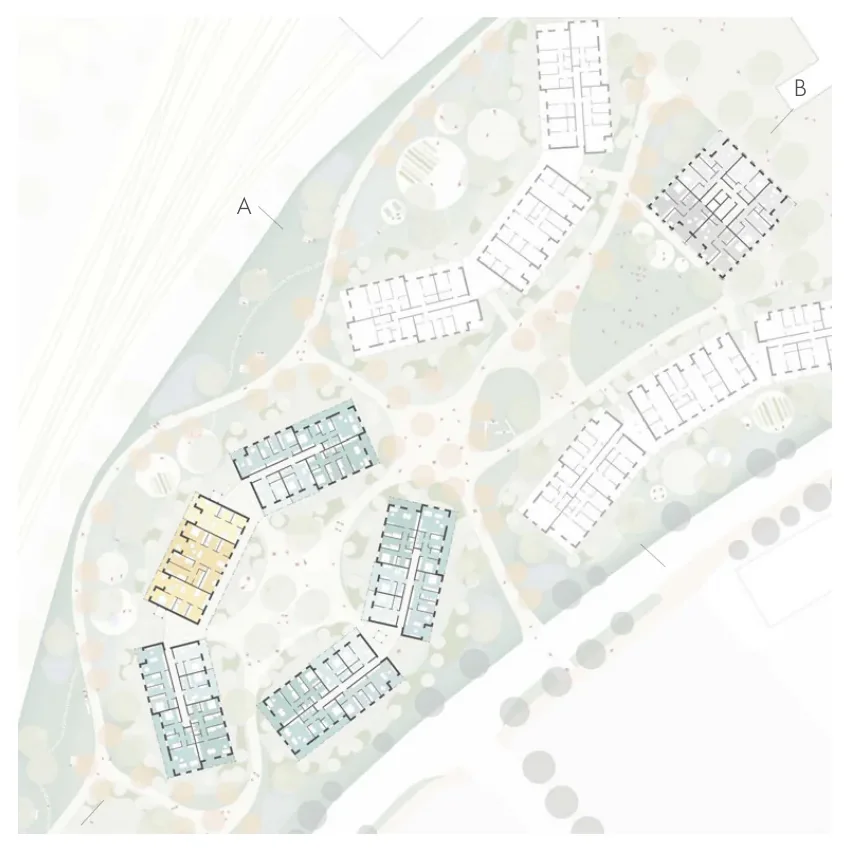 Housing plan identifying section lines A and B and several residential building types