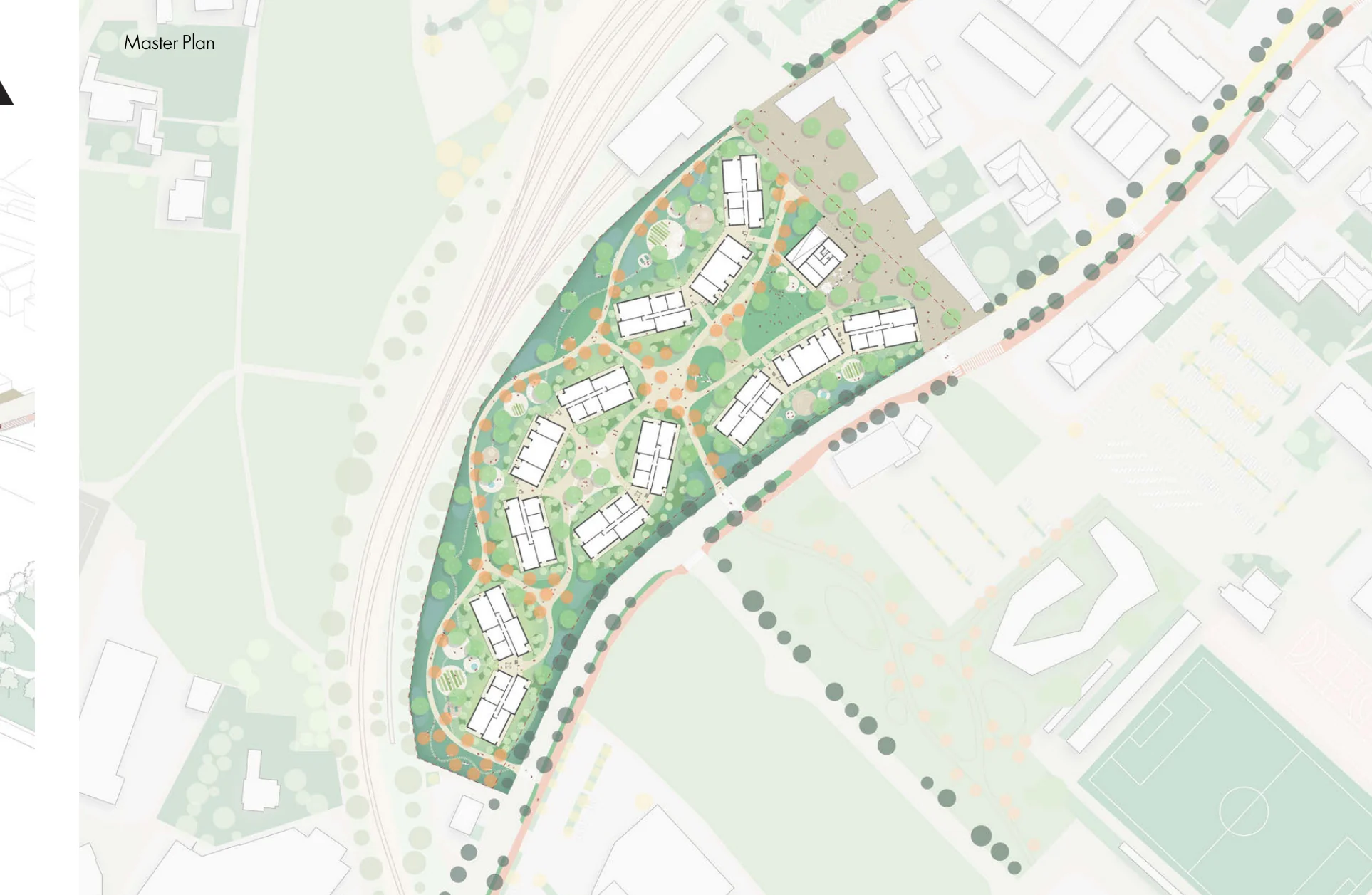 Master plan for Rienz-Höfe showing residential clusters within a planted river-edge landscape