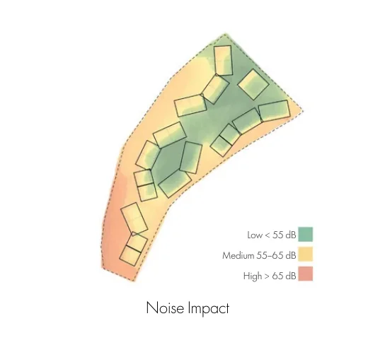 Noise-impact diagram grading the site from below 55 decibels to above 65 decibels