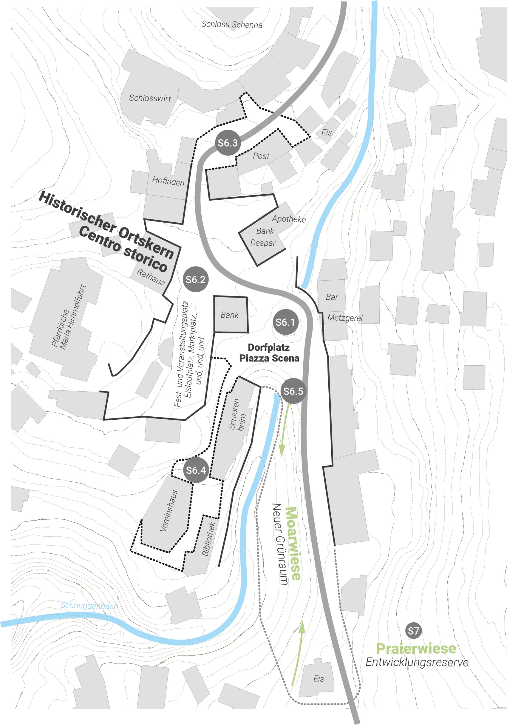 Detail plan of Schenna's centre: the historic core with Dorfplatz and Rathaus, Schloss Schenna, the parish church, Seniorenheim, Vereinshaus and Bibliothek, the Schnuggenbach stream, the new green space Moarwiese and the development reserve Praierwiese