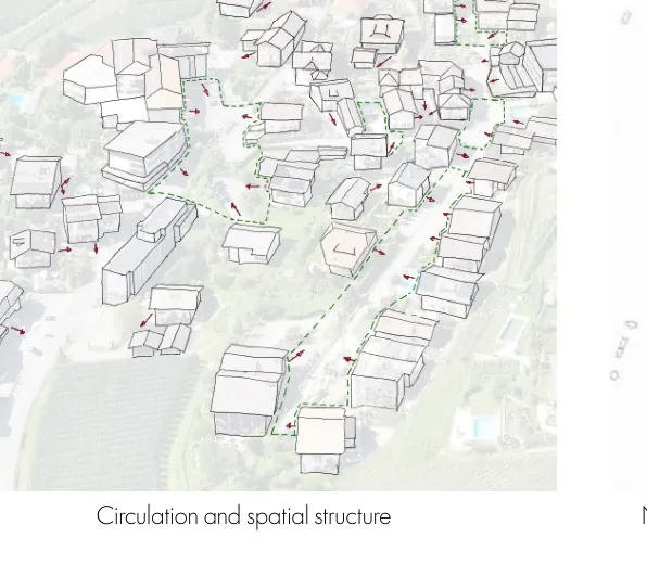 Axonometric drawing of buildings, paths, and planted spaces in Schenna's local circulation structure