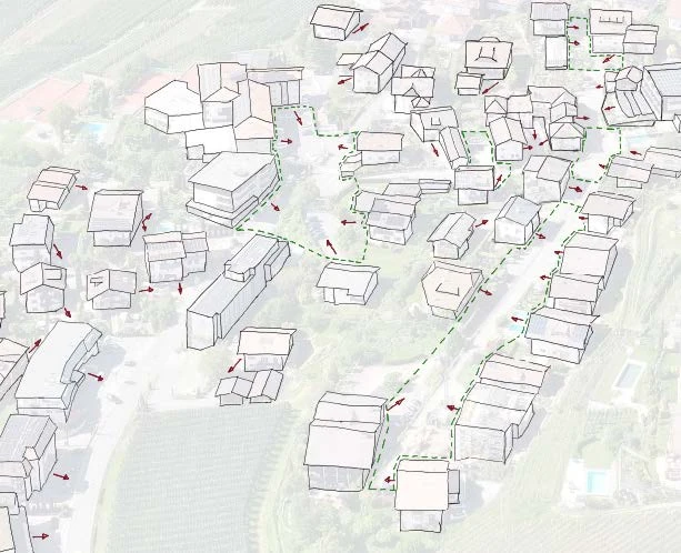 Axonometric sketch of buildings over an aerial photograph, with red arrows and a dashed green line showing circulation and spatial structure