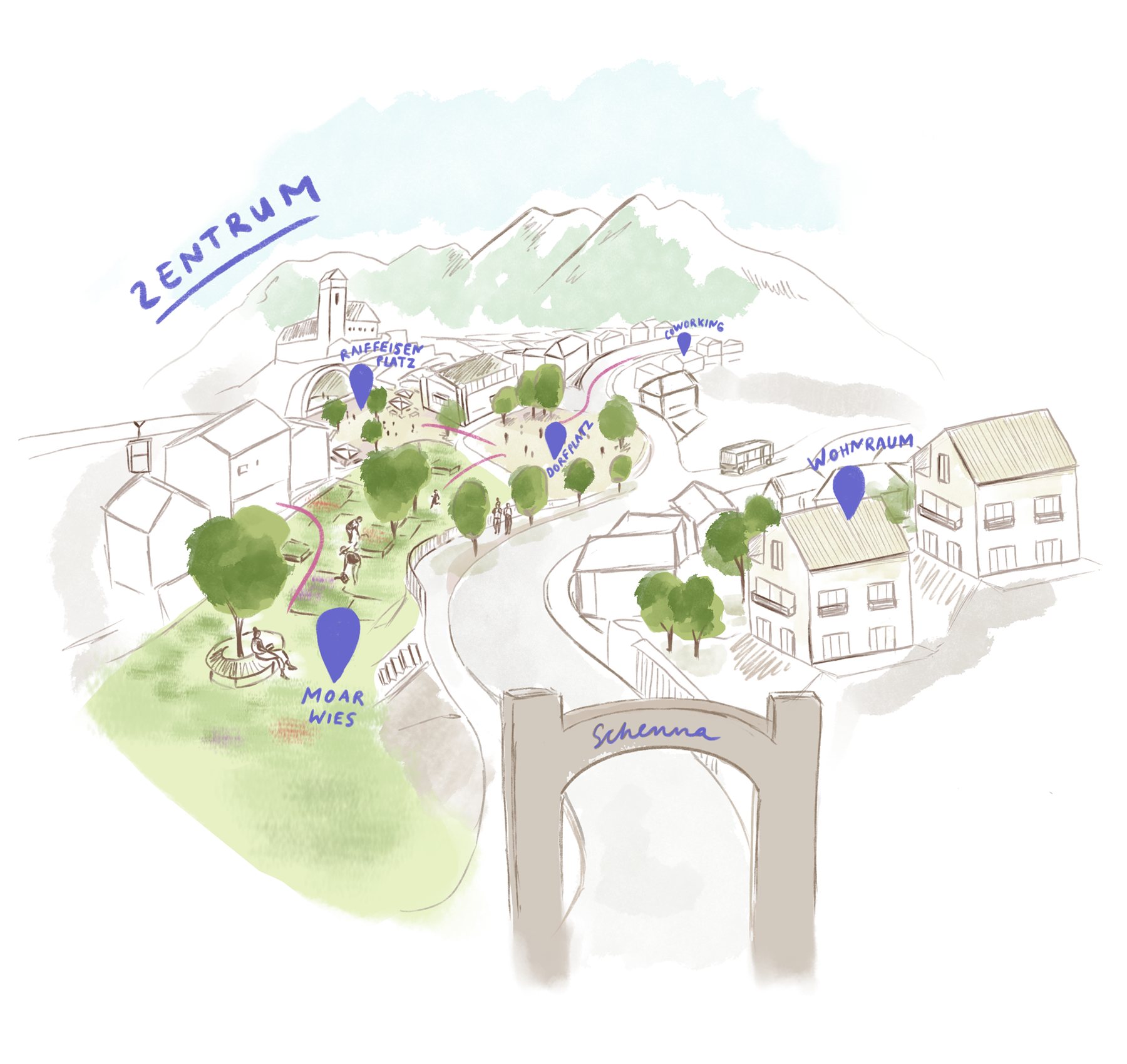 Illustrated Schenna settlement landscape with buildings, trees, paths, and mapped markers