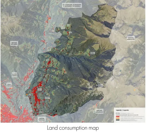 Map of land consumption across Schenna and its surrounding municipalities