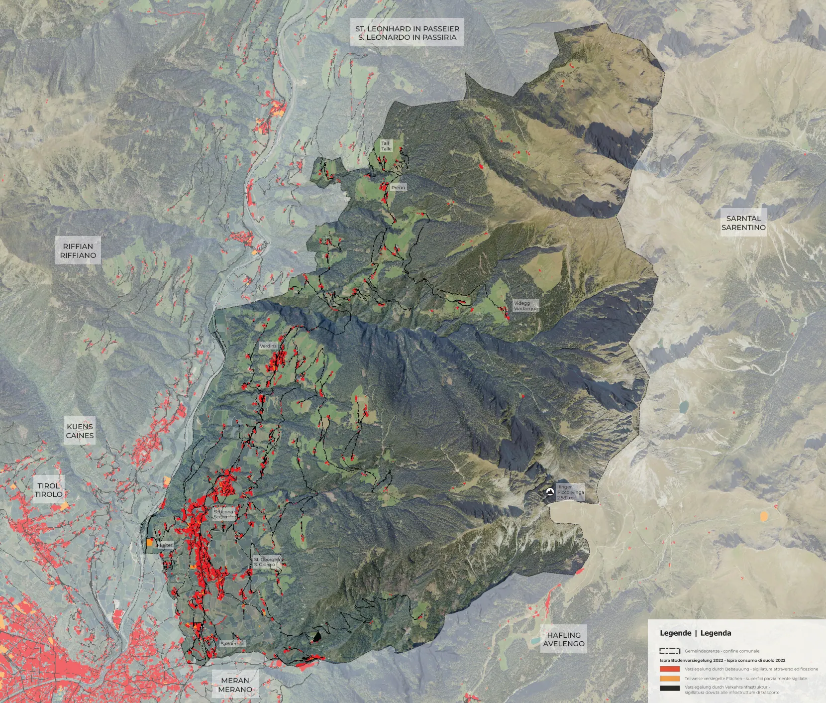 Map of land consumption across Schenna and its surrounding municipalities