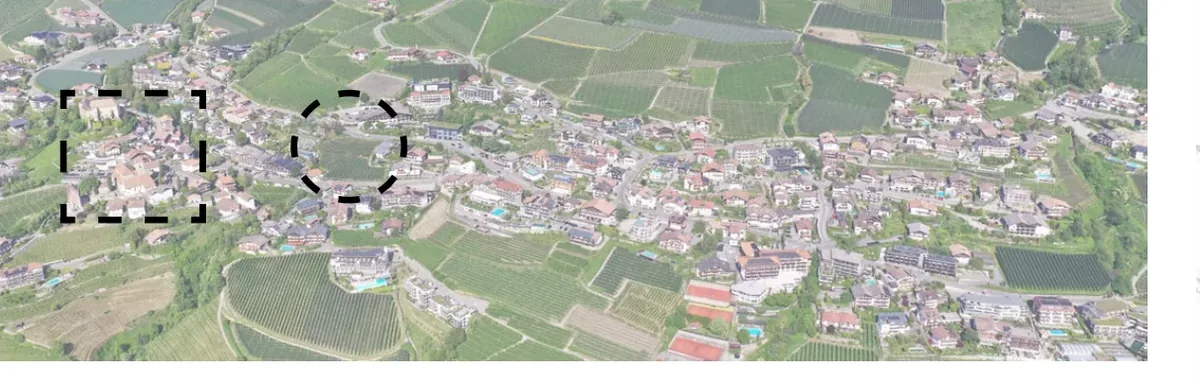 Panoramic aerial view of Schenna with areas of land-use intensity marked across the hillside