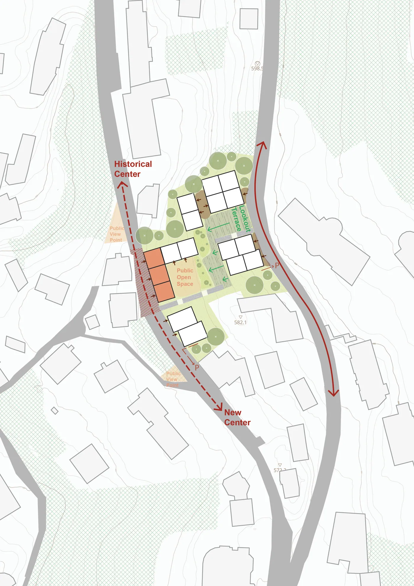 Site plan of the public-realm proposal with a central public open space, a lookout terrace, grouped residential buildings and mixed-use buildings along the road