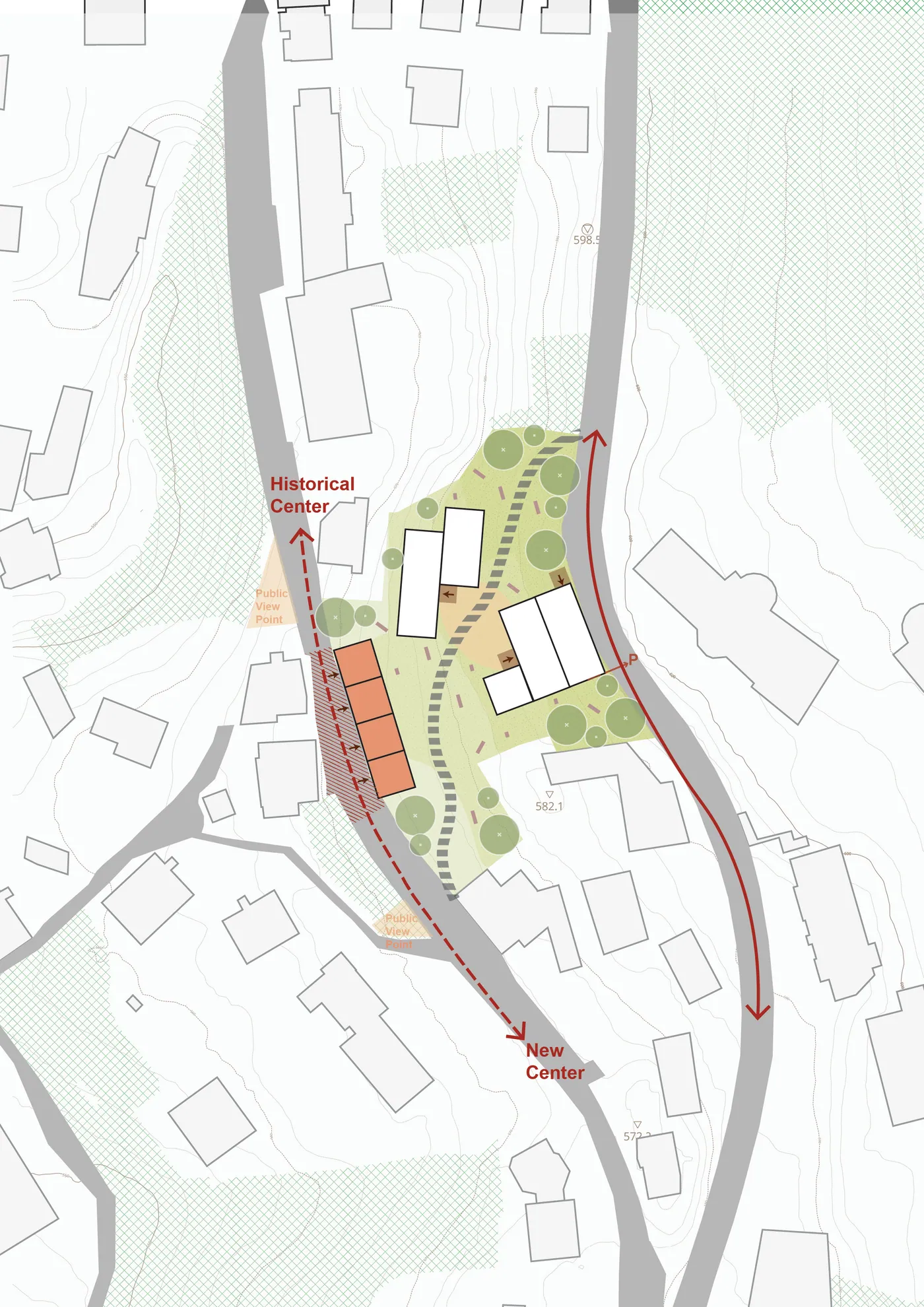 Site plan of the residentially focused proposal between the Historical Center and the New Center, with residential blocks, a winding path through green space and multiuse buildings along the road