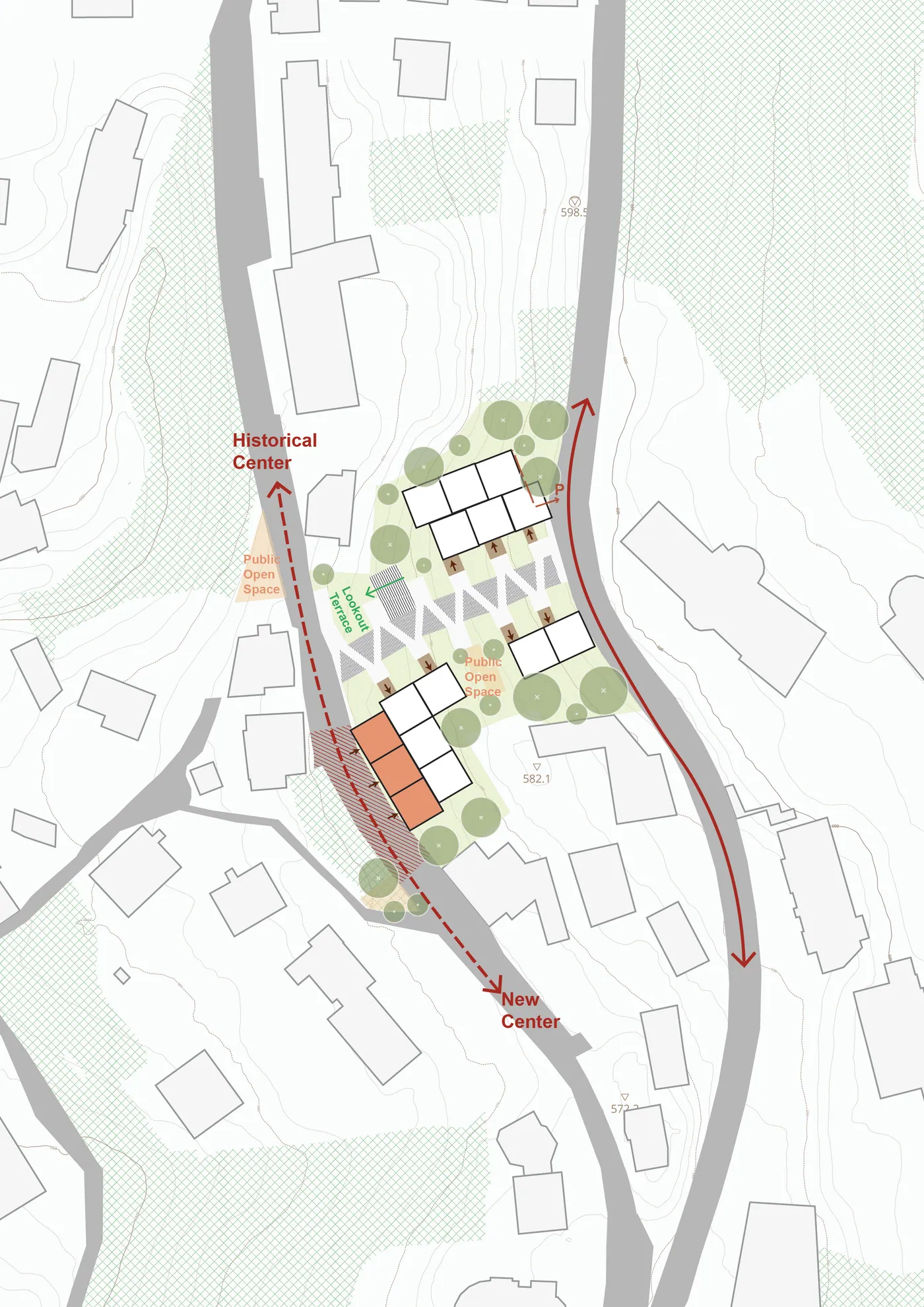 Site plan of the view-focused proposal with a lookout terrace, stepped buildings, public open space and mixed-use buildings along the road
