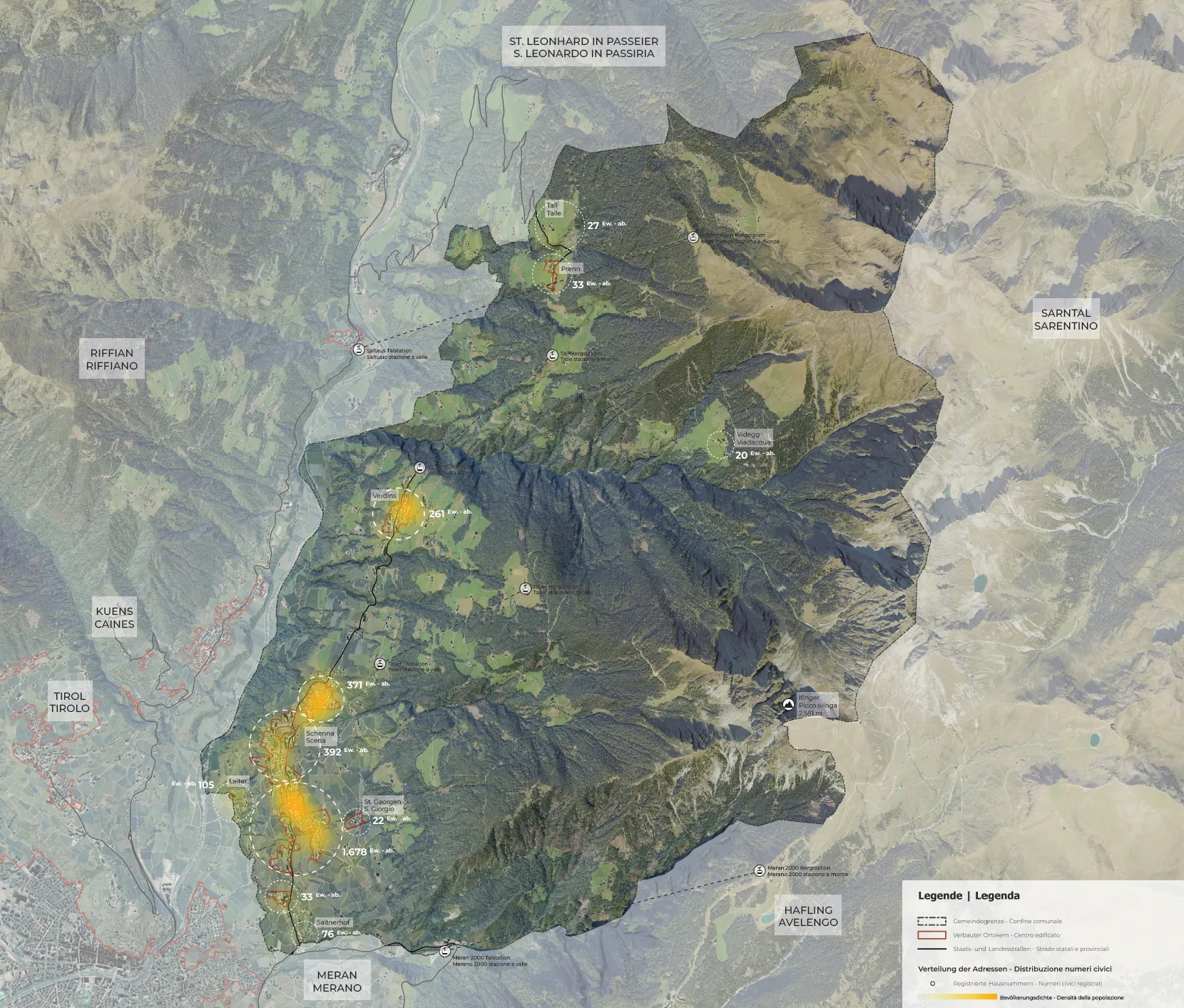 Map of population distribution across Schenna and nearby settlements