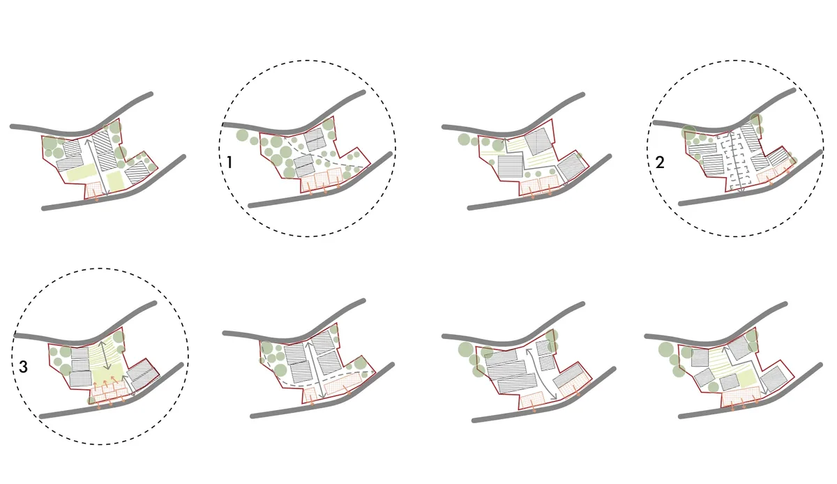 Eight plan sketches exploring building and landscape arrangements for Schenna's new centre