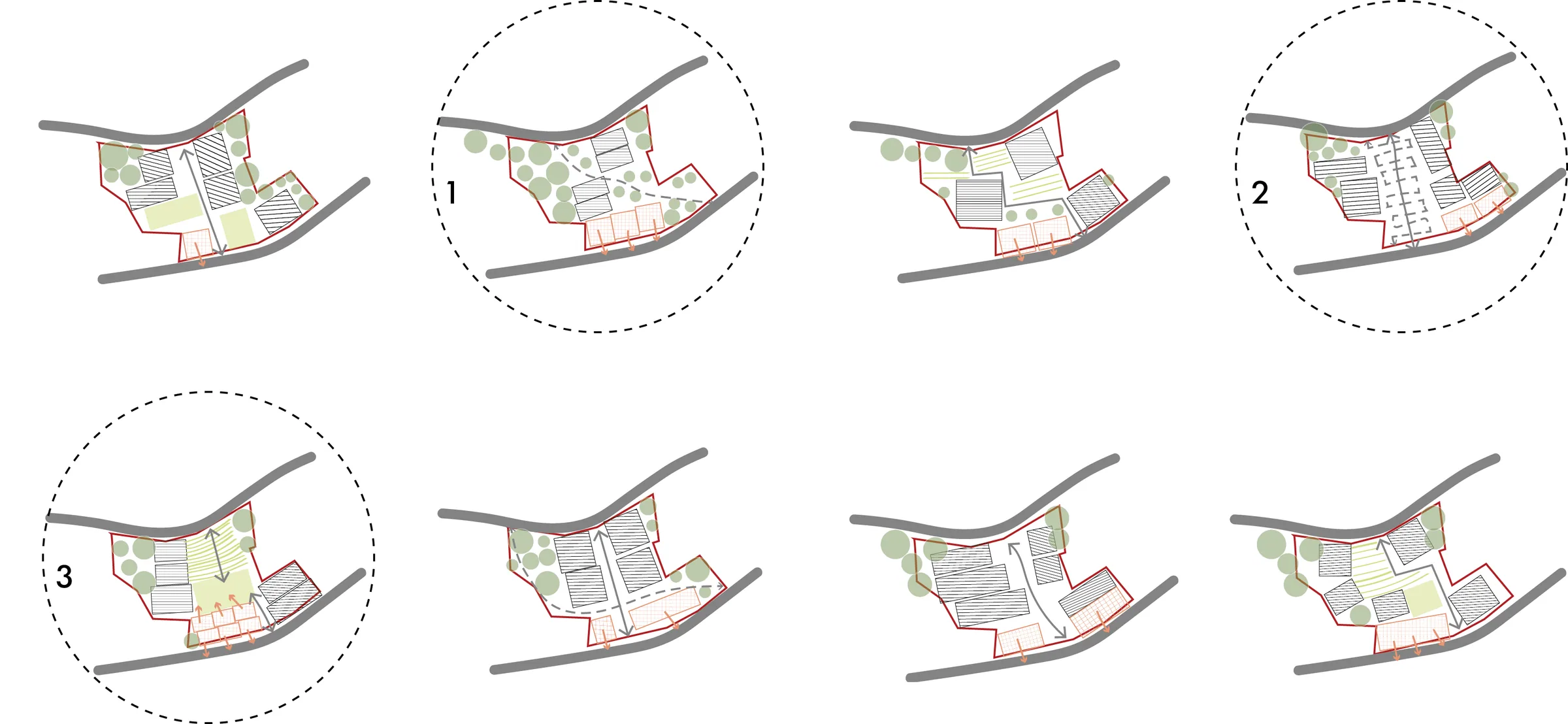 Eight plan sketches exploring building and landscape arrangements for Schenna's new centre, with three circled and numbered 1, 2 and 3