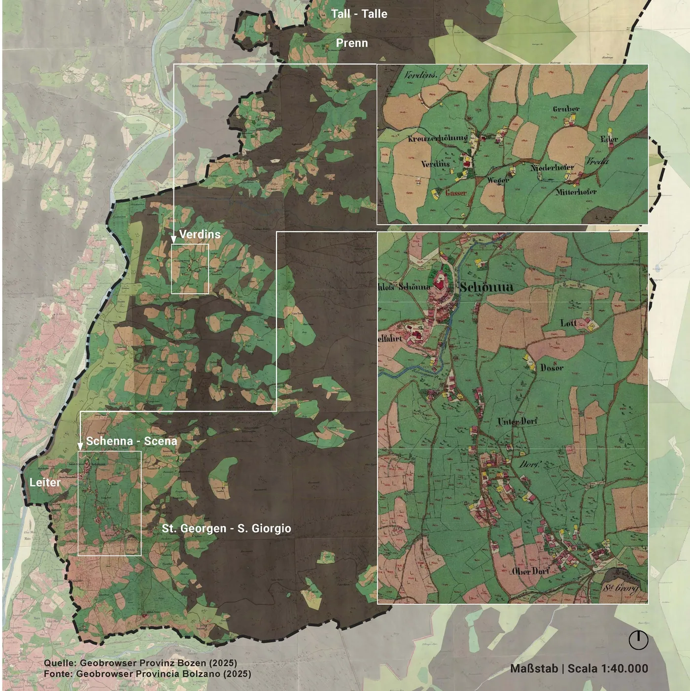 Historical land and settlement map of Schenna in 1858, with insets of Verdins and the village core
