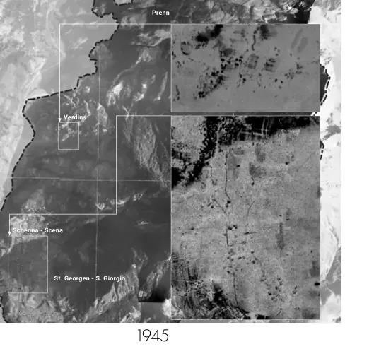 Aerial composite showing the settlement structure of Schenna in 1945