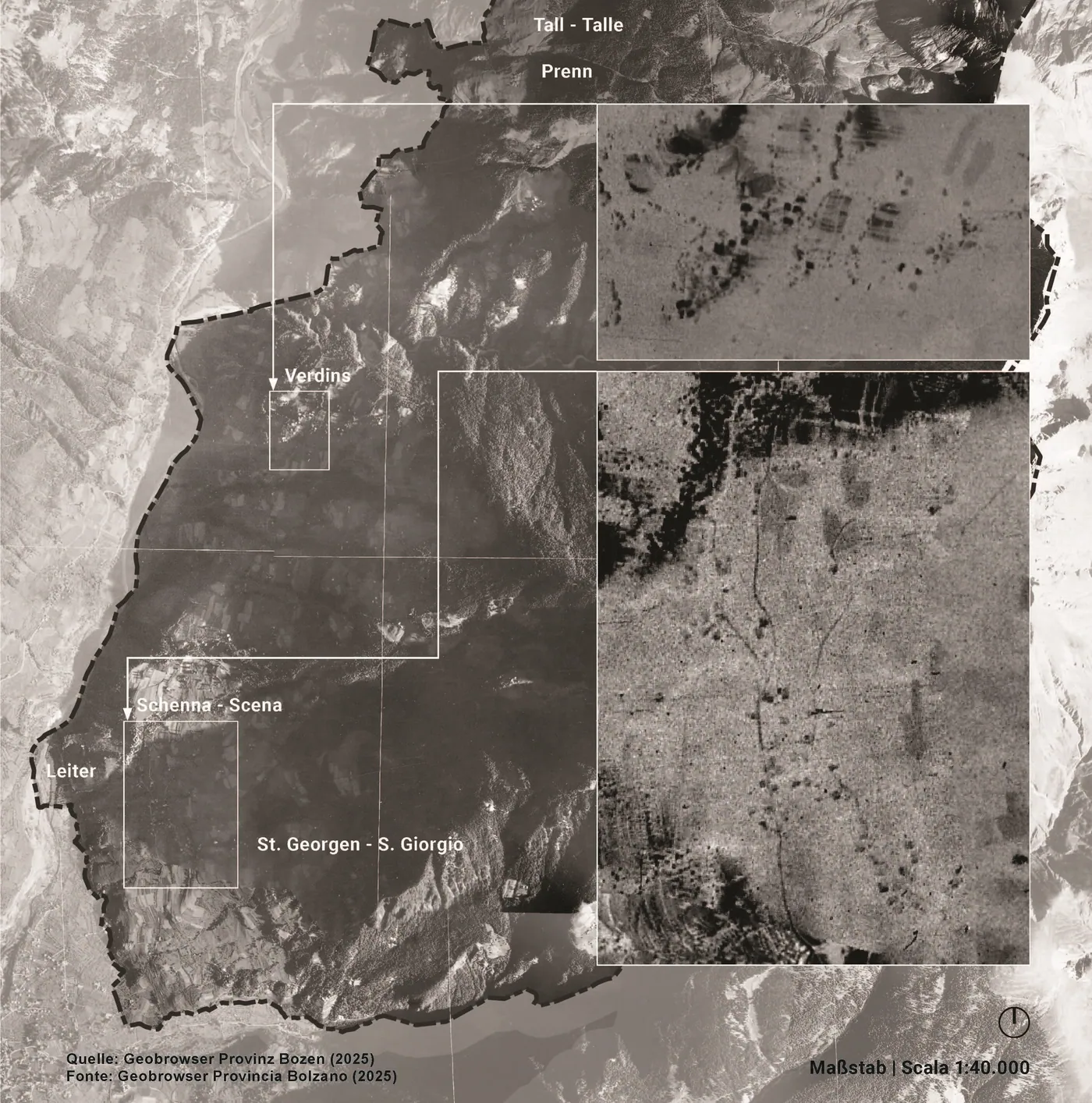 Black-and-white aerial composite of Schenna in 1945, with insets of Verdins and the village core