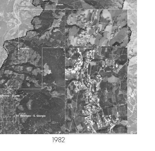 Aerial composite showing the settlement structure of Schenna in 1982