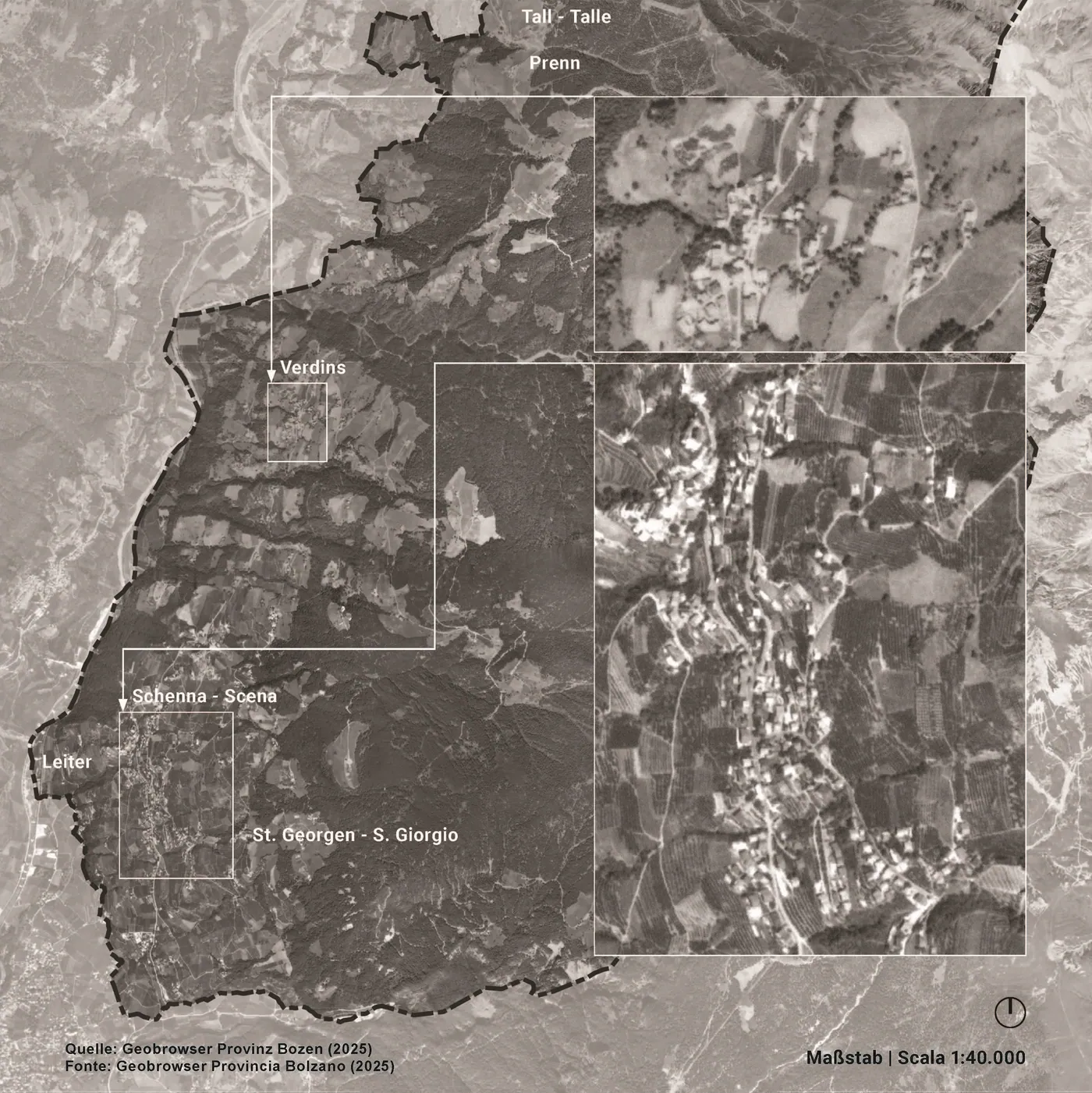 Black-and-white aerial composite of Schenna in 1982, with insets of Verdins and the village core