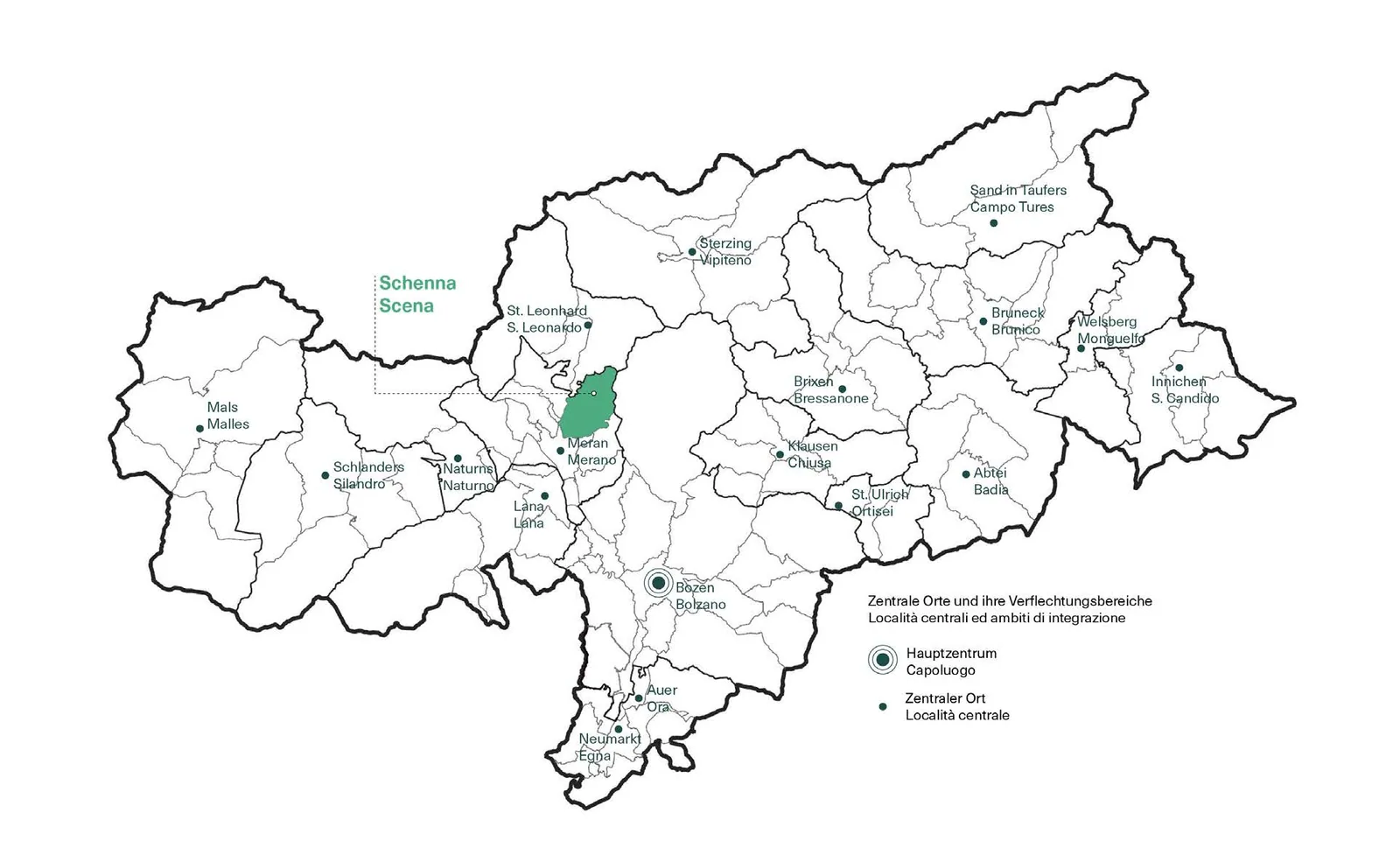 Outline map of South Tyrol's municipalities with Schenna highlighted in green and the central places and their areas of integration marked