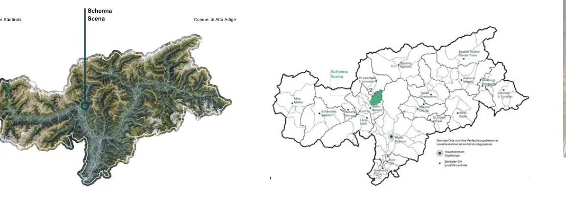 Two locator maps positioning Schenna within South Tyrol