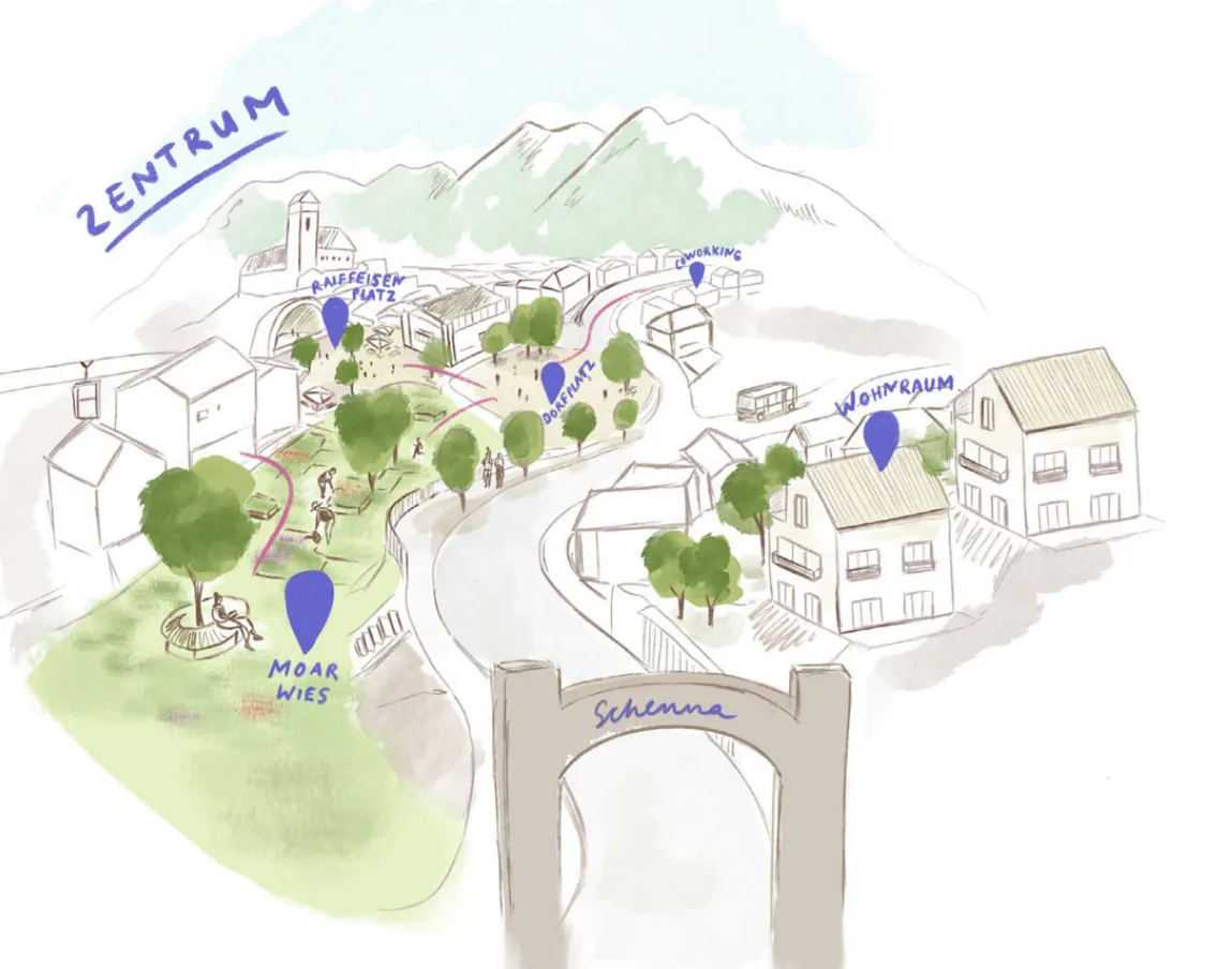 Illustrated Schenna settlement landscape with buildings, trees, paths, and mapped markers