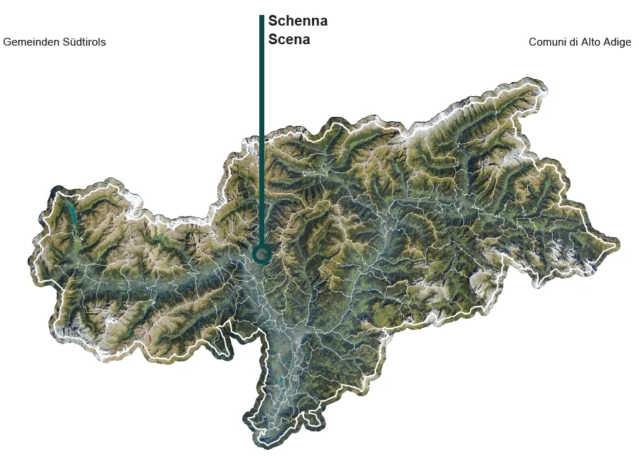 Aerial-style map of South Tyrol with Schenna / Scena marked