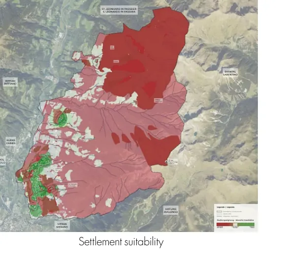 Suitability map distinguishing suitable, unsuitable, and neutral land in Schenna
