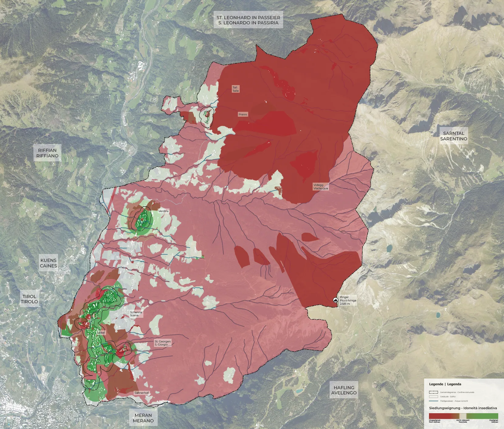 Suitability map distinguishing suitable, unsuitable, and neutral land in Schenna
