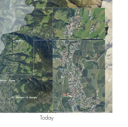 Contemporary aerial composite showing Schenna's settlement structure today