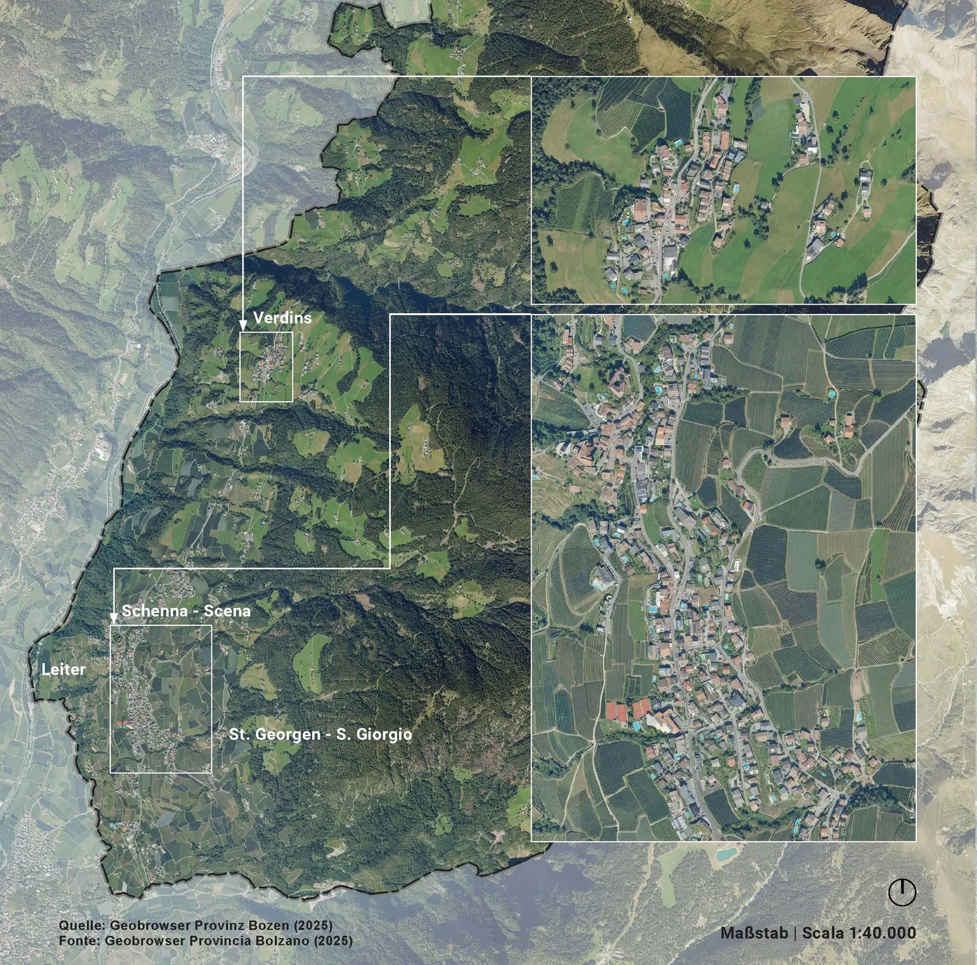 Colour aerial photograph of Schenna today, with insets of Verdins and the village core